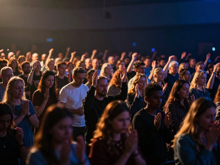 Cinematic image of a large, diverse crowd in fervent prayer during a revival meeting, dramatic stage lighting, warm gold and fiery orange light leaks, deep blue shadows.