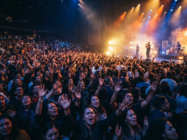 Wide shot of a diverse, multicultural crowd with hands raised in worship, dramatic stage lighting with warm gold and fiery orange light leaks, deep blue shadows, cinematic.
