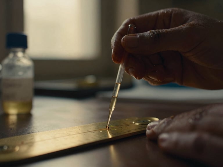 Macro depth of field shot of hands stained with plant extracts carefully holding a pipette over a brass scale, low-key dramatic chiaroscuro lighting, 35mm film.