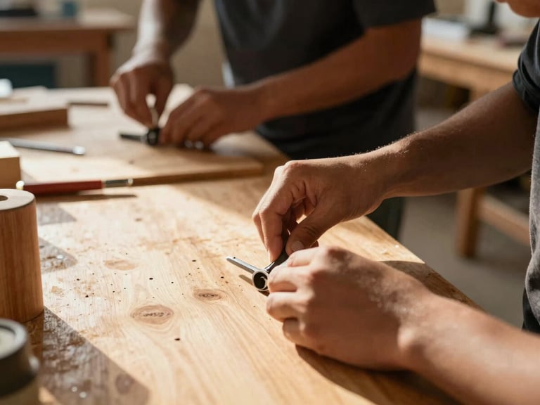Candid close-up of hands-on vocational training, a student working with tools on a wooden workbench in a bright, sunlit workshop, warm natural light, rich earth tones, 35mm lens