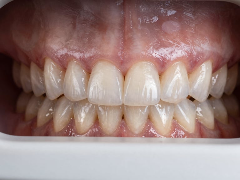 Extreme close-up macro of upper anterior teeth showing natural enamel translucency after full-arch prosthetic restoration, north-facing daylight, no retractors, no visible gums beyond the cervical line, clean white background reflection