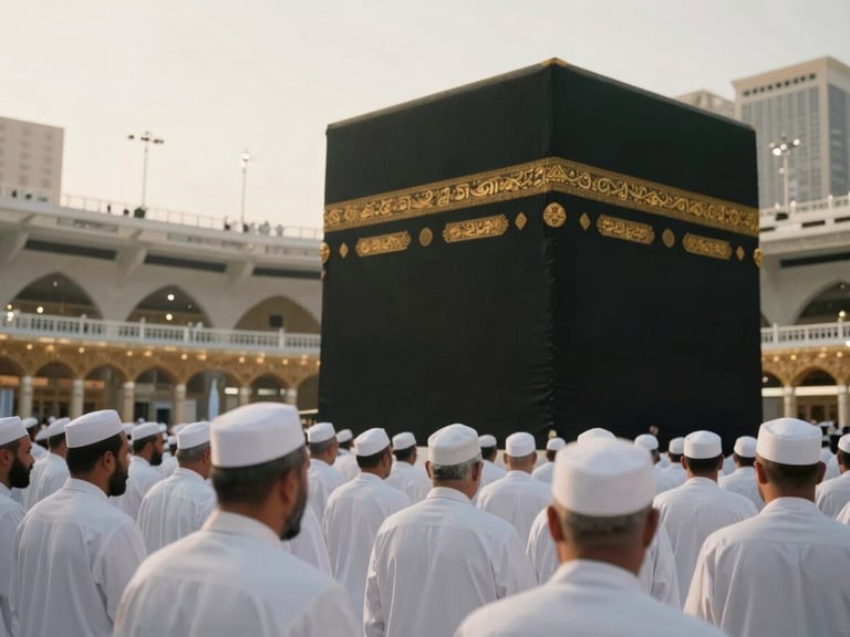 Wide shot of pilgrims circumambulating the Kaaba in Mecca, soft golden-hour light, serene atmosphere, shallow depth of field, respectful angle.