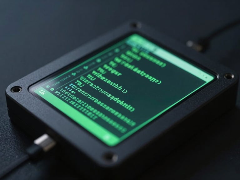 Macro shot of a physical Android test rig in a dark studio, glowing electric green screen displaying a high-fidelity code compiler, moody low-key lighting, shallow depth of field.