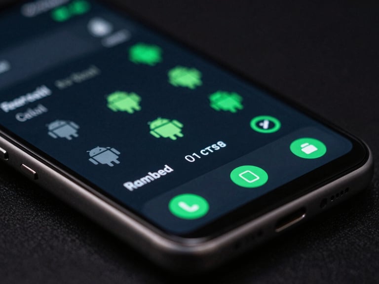 Macro studio shot of a physical Android flagship device displaying a high-fidelity dark mode dashboard with electric green UI elements, low-key lighting, shallow depth of field