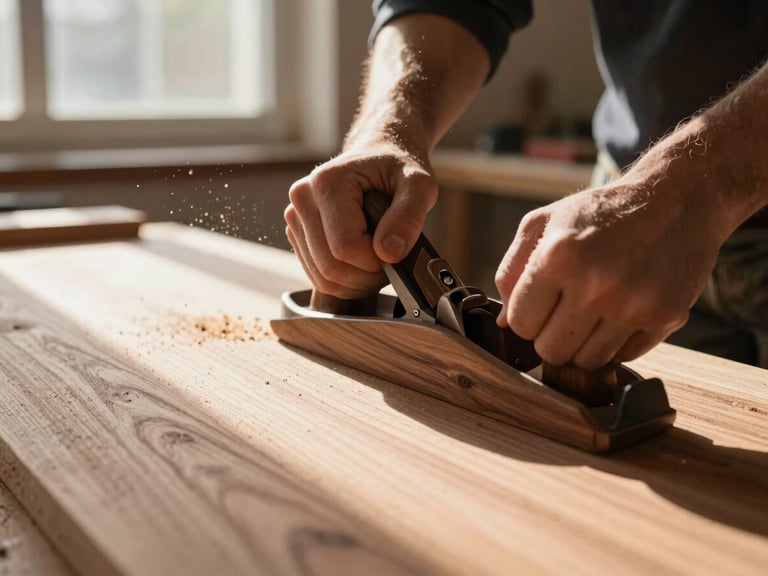 Hands of a craftsman using a hand-plane on a raw walnut timber slab, sawdust flying, soft directional workshop window light