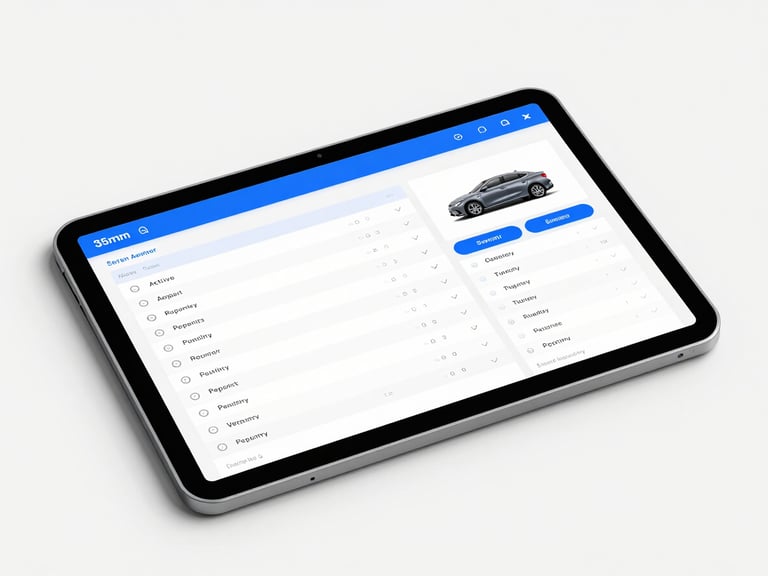 Flat-lay isometric mockup of a clean service advisor dashboard on a tablet, displaying active repair orders, vehicle statuses, and digital inspection checklists.
