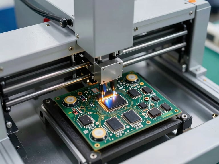 Overhead view of an SMT automated pick-and-place machine in operation, LED components visible on circuit boards under bright factory lighting, tight macro framing showing component placement precision