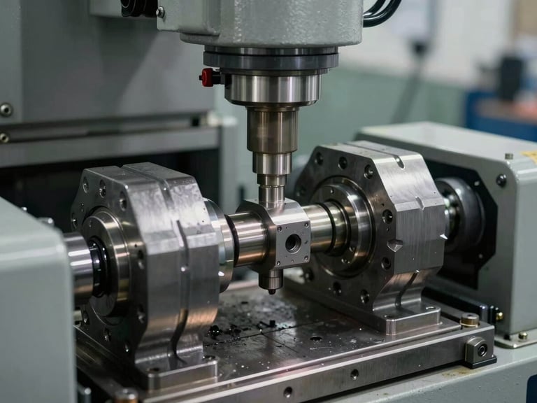 Close-up of a high-tonnage injection molding press mid-cycle, steel mold halves parting under hydraulic pressure, hard side-lighting revealing machined cavity geometry, industrial gray environment
