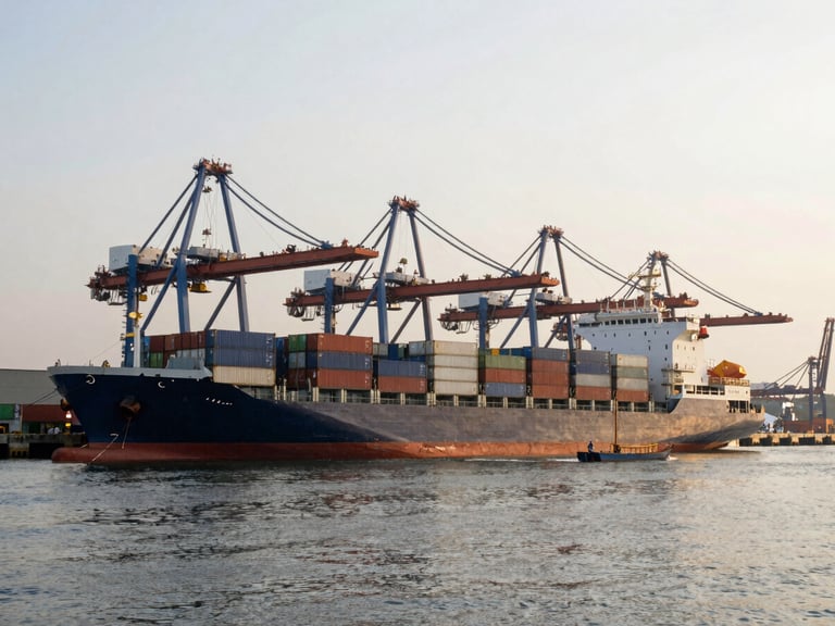 Wide shot of an Indonesian cargo vessel docked at port, containers loaded on deck under soft overcast morning light, industrial cranes in background, no people, calm water in foreground