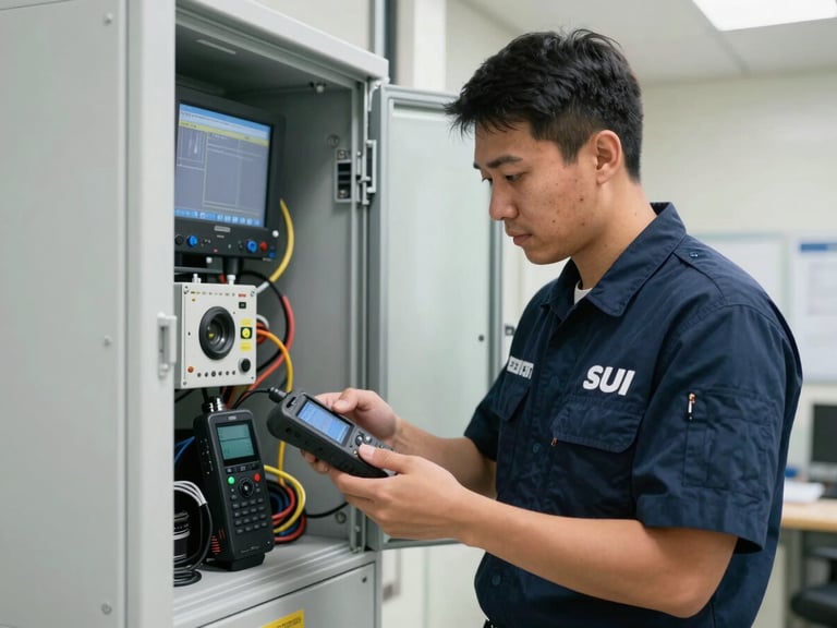 Medium shot of a certified SUI field engineer in a clean navy uniform configuring an Android EDC terminal inside a modern telecom hub, bright technical lighting.
