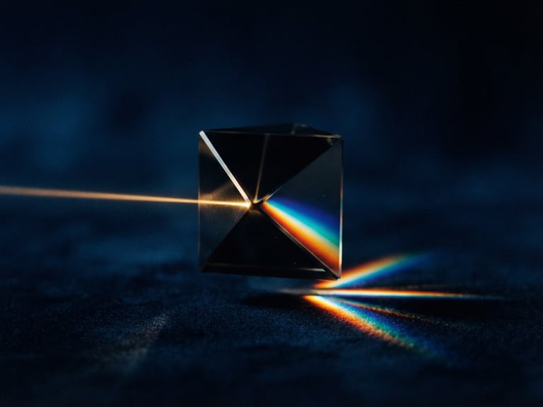 Macro photography of an elegant, dark glass prism refracting a single beam of warm golden light against a deep midnight blue background, minimalist geometry, razor-sharp focus