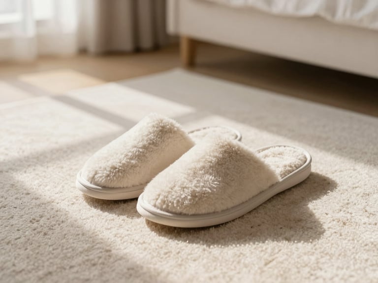 A pair of warm plush slippers neatly folded by a bedside on a soft rug, warm morning indoor shadows, minimalist lifestyle.