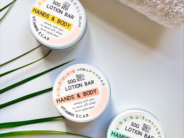hand and body lotion bars made with organic cupuachu and shea butters and packed in plastic free reusable packaging 