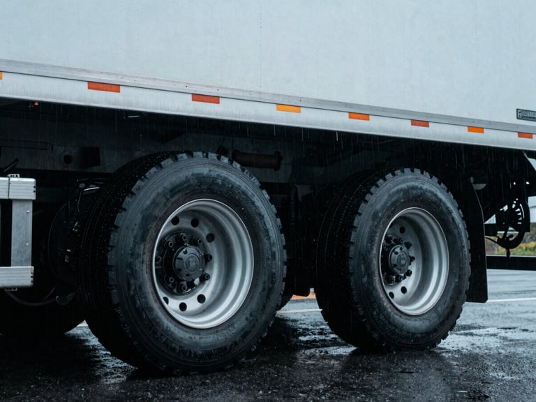 Close-up of a truck's tires on a wet road, rain streaks visible, reflecting overcast Pacific Northwest sky, cool tones, 35mm