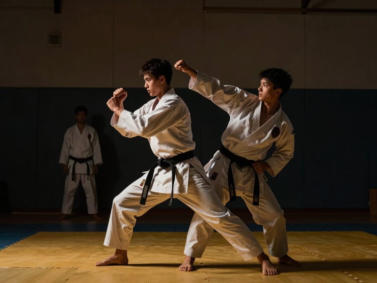 Sport Karate athlete performing a controlled block, traditional bow in background, dramatic low-key side lighting, deep charcoal and warm amber tones, 35mm lens.