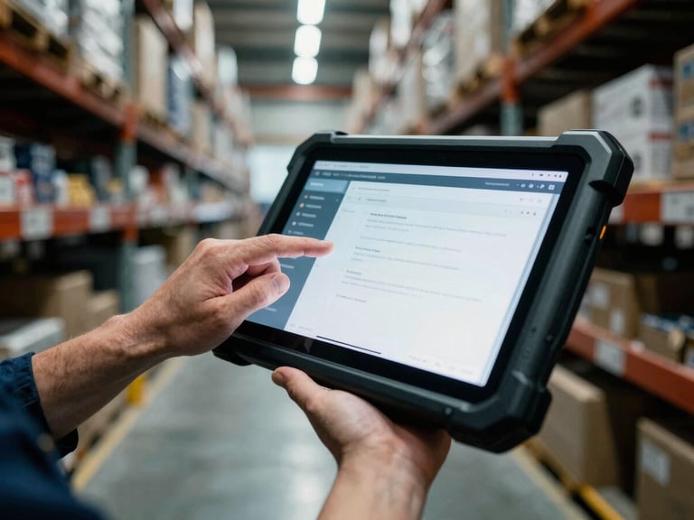 Close-up of a field worker's hand interacting with a clean, high-contrast UI on a ruggedized tablet in a warehouse aisle, cool fluorescent lighting, 35mm film grain.