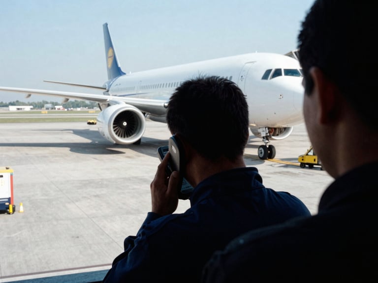 Over-the-shoulder shot of an airport ground crew member using a mobile device on the tarmac, aircraft in background, harsh daylight, deep shadows, 35mm film grain.