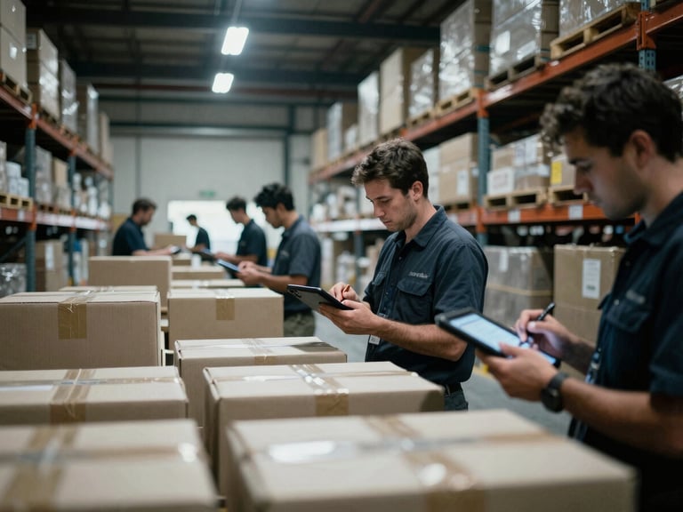 Wide shot of a logistics warehouse, workers using ruggedized tablets to scan packages, high-contrast cool lighting, deep shadows, 35mm film grain.