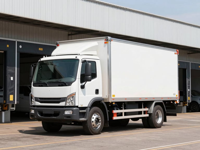 Clean medium-duty cargo truck parked at an industrial loading dock in Itupeva, bright natural daylight, eye-level framing, realistic local logistics, sharp focus, 35mm
