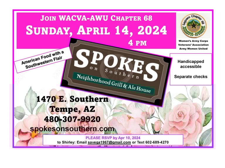 Flyer with bright pinks and roses for the WAVCA-AWU Chapter 68 event at Spokes on Southern