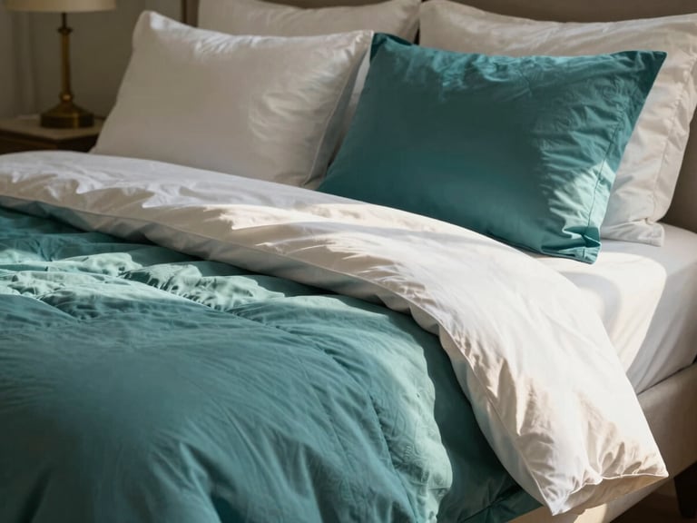 Sun-drenched luxury bedroom with a neatly made bed featuring layered white and teal cotton bedsheets and quilts, soft natural light, close-up on fabric texture, elegant and inviting.