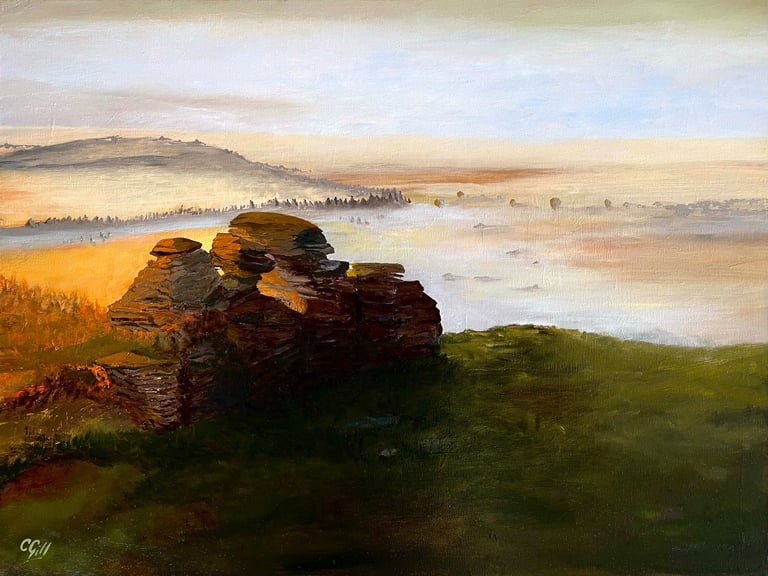 Impressionist oil painting of rocky tors on a grassy hill overlooking a misty valley at sunrise.