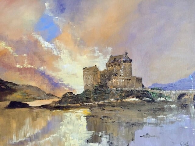 Impressionist oil painting of Eilean Donan Castle in Scotland at sunset with reflective water.