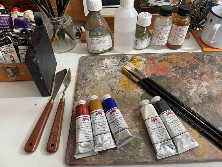 Oil painting setup with Rosemary & Co brushes and Michael Harding paints ready for a new studio s