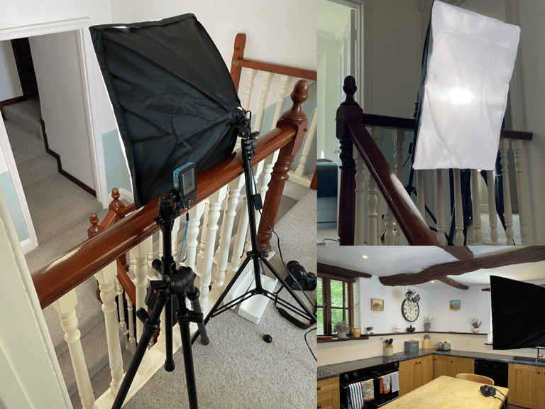 Professional photography softbox light and tripod setup for indoor real estate interior photoshoot.