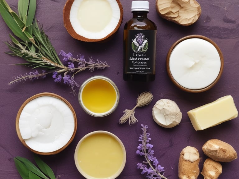 Three hemp-based skincare products are arranged on a smooth, white surface. Two are dropper bottles with dark blue glass and white labels, and one is a small jar with a screw-top lid, also featuring a white label. Natural lighting casts soft shadows on the surface.