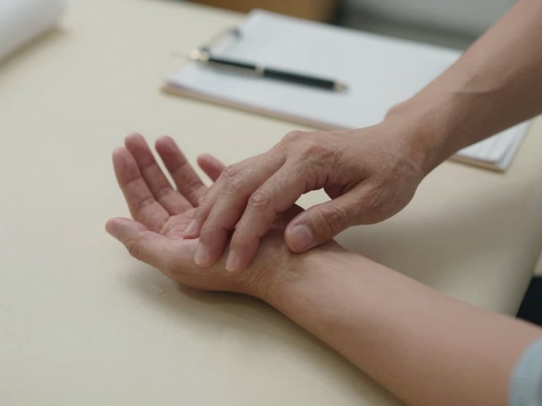 Close-up of a practitioner's hands performing diagnostic palpation on a patient's wrist, clinical overhead daylight, plain cream-toned treatment table surface visible, instruments and documentation in soft background focus
