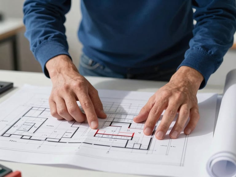 Mãos de um arquiteto ou engenheiro apontando para detalhes em uma planta arquitetônica impressa sobre uma mesa, com instrumentos de desenho, luz brilhante, estilo clean architectural photography.