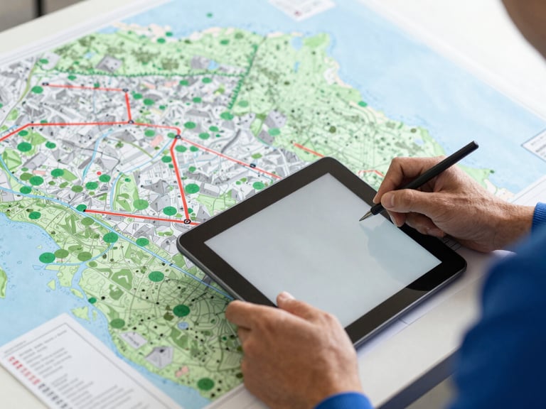 Engenheiro ambiental revisando documentos técnicos em um tablet, com um mapa de zoneamento e áreas verdes ao fundo, luz natural, foco em detalhes técnicos, estilo clean architectural photography.