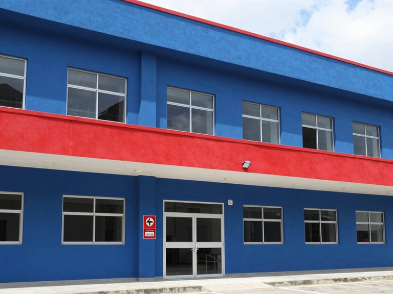 Planta baixa técnica de um edifício com marcações de rotas de fuga e equipamentos de segurança contra incêndio, em ambiente de escritório limpo e iluminado, com azul e vermelho como acentos, estilo clean architectural photography.