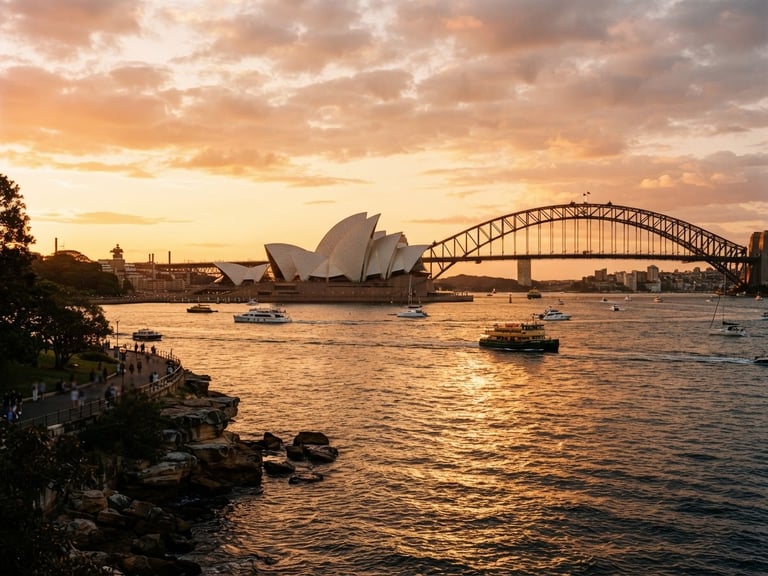 Cinematic wide shot of Sydney Harbour at golden hour, dramatic sunlight reflecting off the water, clean architectural lines of the Opera House in the background, 35mm film style.