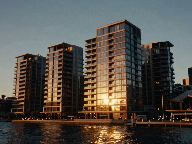 Cinematic architectural sweep of Sydney harbor waterfront luxury residential building at golden hour, dramatic reflections, anamorphic lens, 35mm look