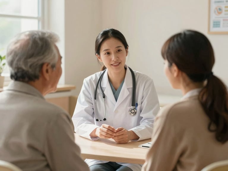 A warm, daylight-filled shot of a healthcare worker consulting with an elderly patient in a clean, welcoming community health center, soft focus, 35mm lens
