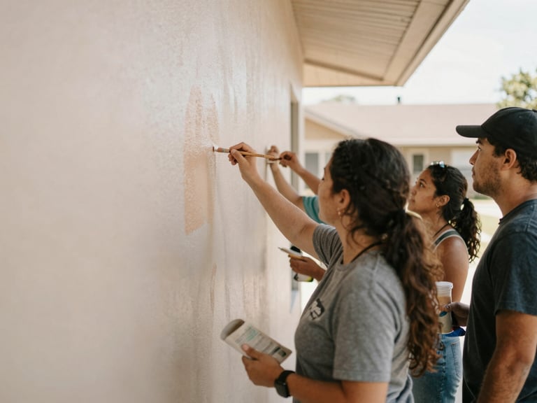 A warm, natural daylight shot of community members collaborating on a local neighborhood revitalization project, painting a community center wall, shallow depth of field, 35mm lens