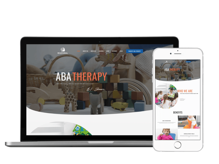 sitio web de bhavioral corporation mostrado en un mockup de una laptop y un teléfono móvil