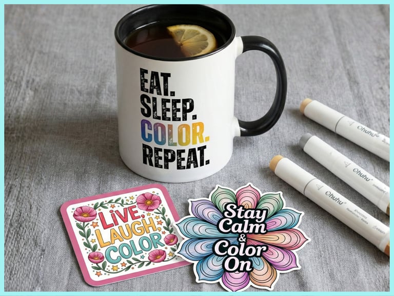 mug with a coloring phrase and stickers about coloring