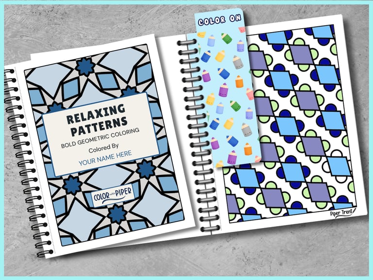 open coloring book with a colored page and a snap in bookmark that says "COLOR ON"