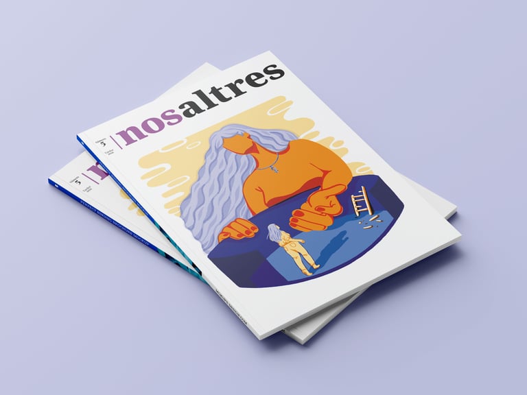 magazine cover of a big woman about to take a small woman out of a cage with a broken ladder