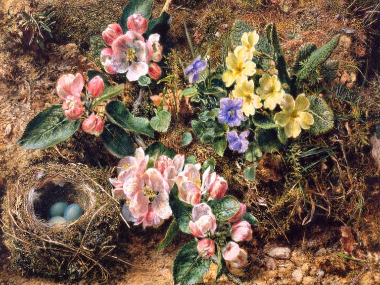 William Henry Hunt - Bird's Nest, Apple Blossoms and Primroses, 1840s