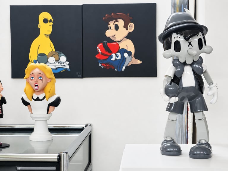 Modern pop art gallery display featuring designer toys and satirical paintings of iconic cartoon characters.