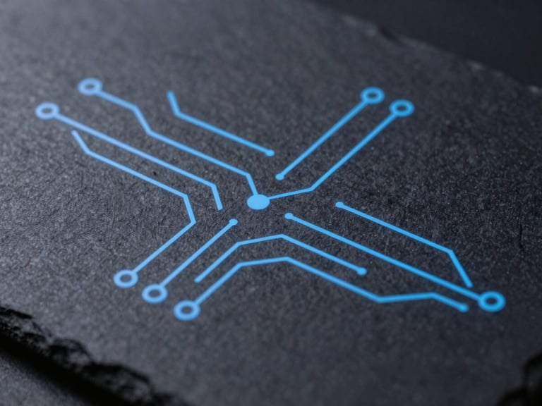 Macro close-up of a clean digital system architecture diagram on a dark slate screen with electric blue illuminated lines, sharp focus, 35mm