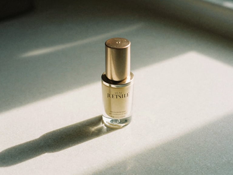 Editorial close-up of luxury skincare product on a textured surface, soft shadows, off-center, overcast London daylight, 35mm film grain.