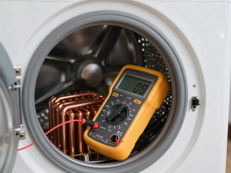 Macro shot of a digital multimeter testing a copper heating element on a modern washing machine, bright natural workshop lighting, technical focus.