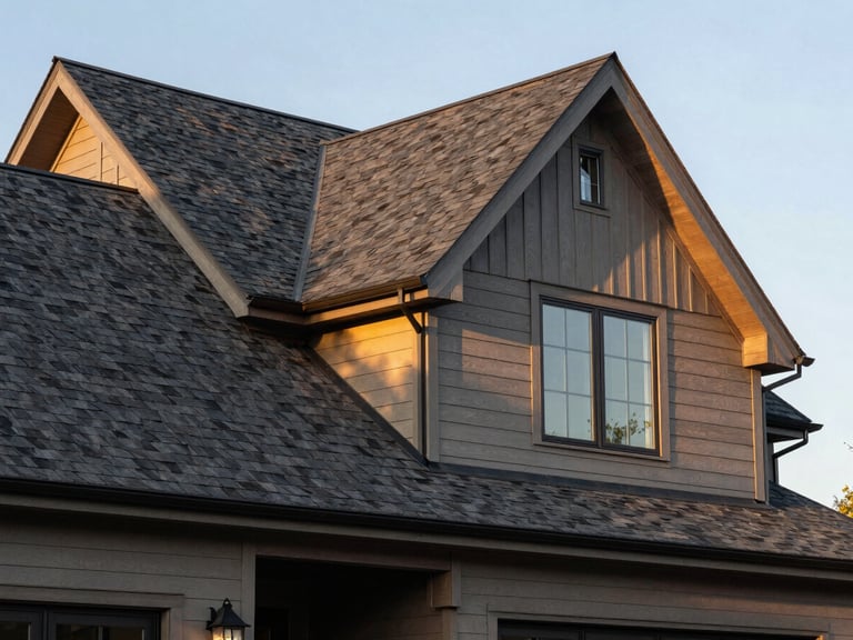 Premium architectural photography of a luxury suburban home in Minnesota under soft golden hour light, showcasing a newly restored charcoal asphalt shingle roof and immaculate siding.