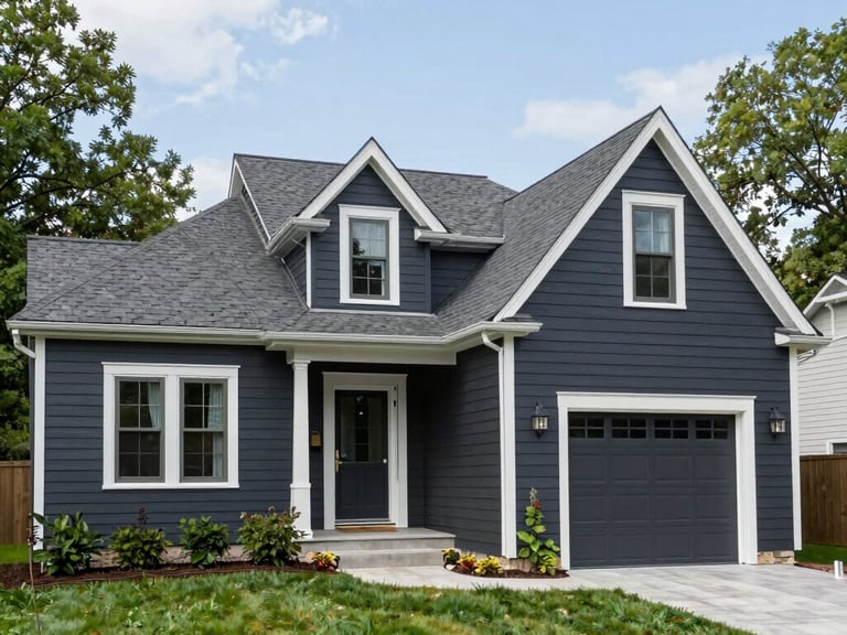 Wide architectural shot of a lakeside Wayzata home, featuring charcoal James Hardie siding and a new premium asphalt shingle roof, soft golden hour lighting, 35mm.