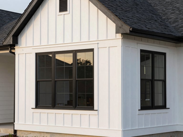 Modern Edina home exterior featuring white LP SmartSide vertical board-and-batten siding contrasted with large black window frames, architectural lighting, sharp focus.